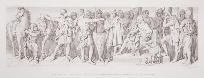 Guy von Ponthieu gibt Harold und seinen Begleitern eine weitere Audienz, deren Freilassung von Herolden von Herzog Wilhelm gefordert wird, aus 